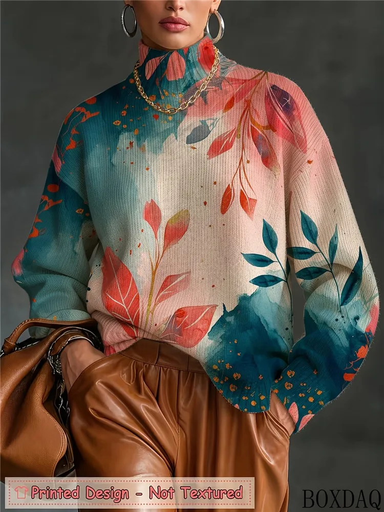 Women Fall Winter Turtleneck Watercolor Botanical Leaf Print Shirt Long Sleeve Loose Blouse  Gradient Knit Elegant Casual Tops