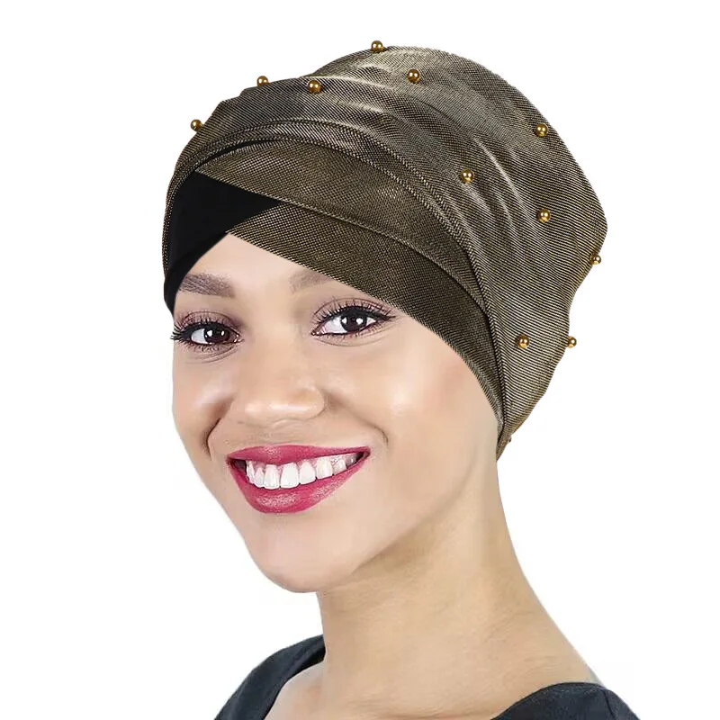 2024 New Bright Silk Pearl Turban Hijab Hats Head Wraps Elastic Muslim Hats Chemo Cap For Women Girls