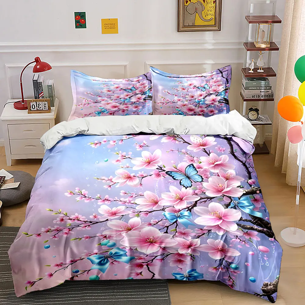Pink cherry blossoms with butterfly Duvet Cover Set with 3D Printing Design Soft Polyester Bedding Set All-Season Comfort