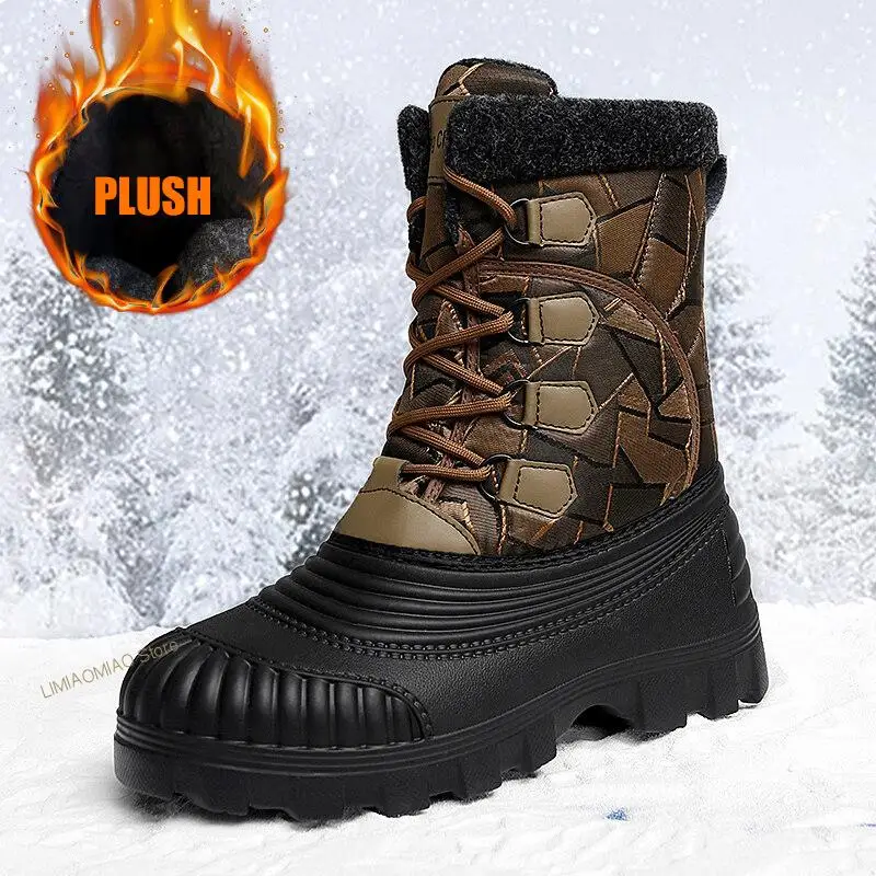 New Men Winter Boots Plush Fleece Durable Non-Slip Lace-Up Thick Sole Male Shoes Outdoor Warm Luxury Ankle Boots