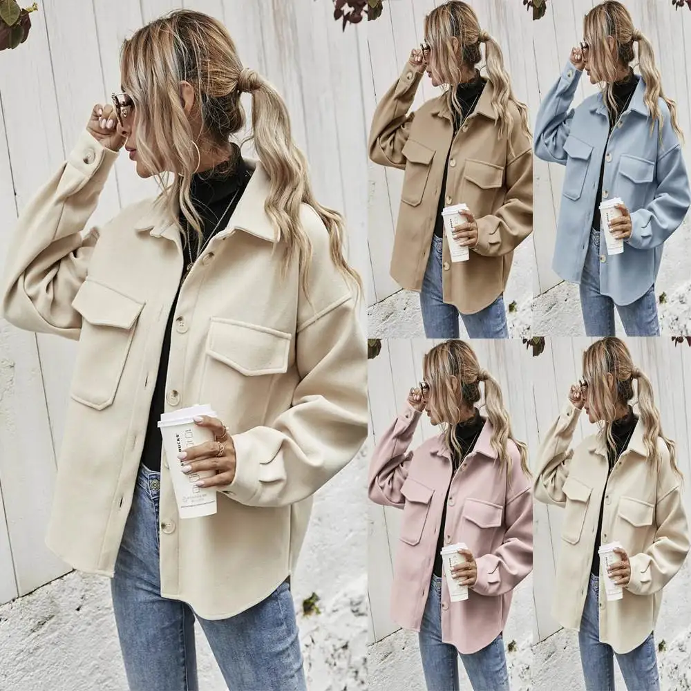 

Thiened Single-Button Pure Color irt Coat Women's Loose Outerwear Autumn Winter Flip-Collar Coat in Other Materials