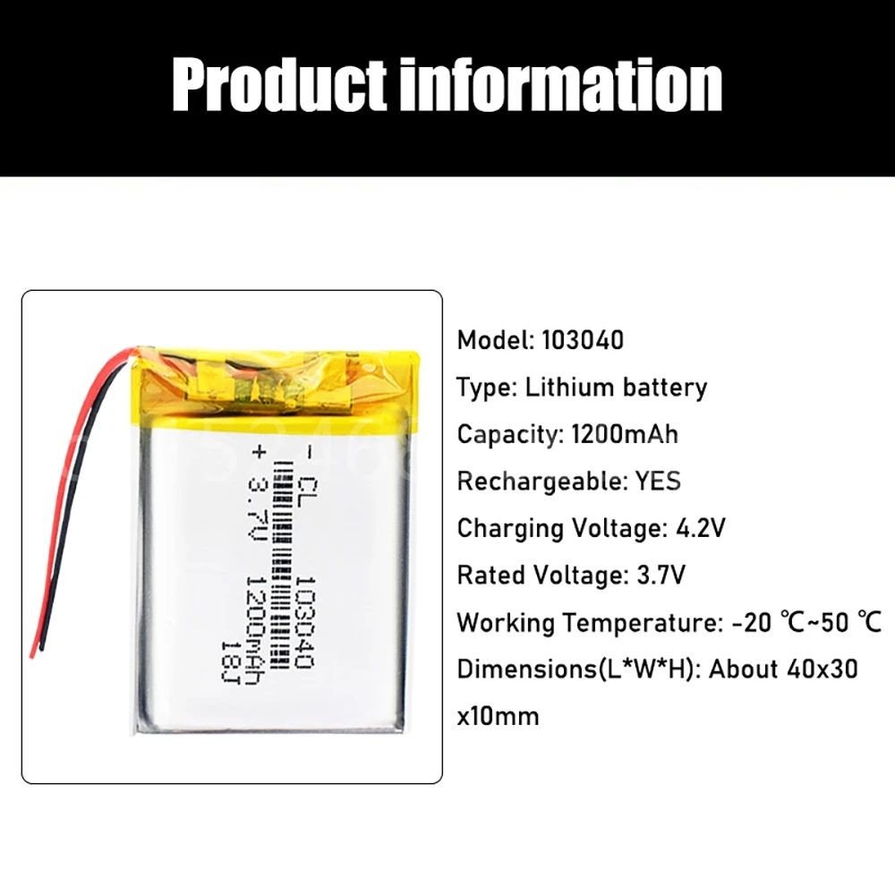 Rechargeable 1200mAh Li-Po Battery 103040 Li-ion Lipo Cells Lithium Li-Po Polymer Battery for MP3 MP4 DVD GPS Bluetooth Headset