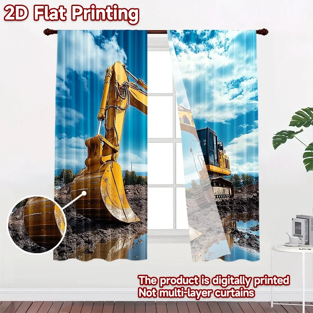2D flat 2pcs Curtain Retro Country Style Curtains Yellow Excavator in Mud Durable polyester fiber Festive Wall Decor Perfect for