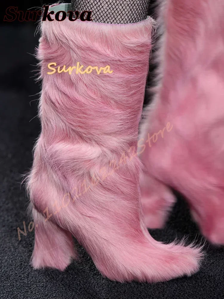 Pink Fur Snow Boots Round Toe Thick Heel Side Zipper Winter Boots Warm Fashion Catwalk Modern Boots Elegant Fur Women'S Shoes 46 - view 3