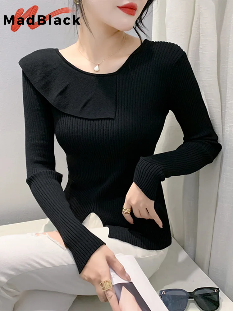 MadBlack European Clothes Sweater Women Slant Collar Slim Slit Rib Knit Top Long Sleeve Pullovers Autumn Spring T38069JM