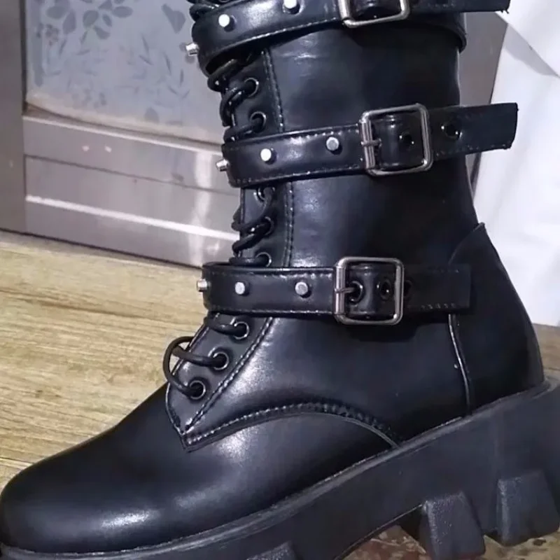 Women\'s Autumn Uk Style Boots Mid-high Heels Punk Attitude Independent Standing Long Tube Knight Boots Rubber Upper