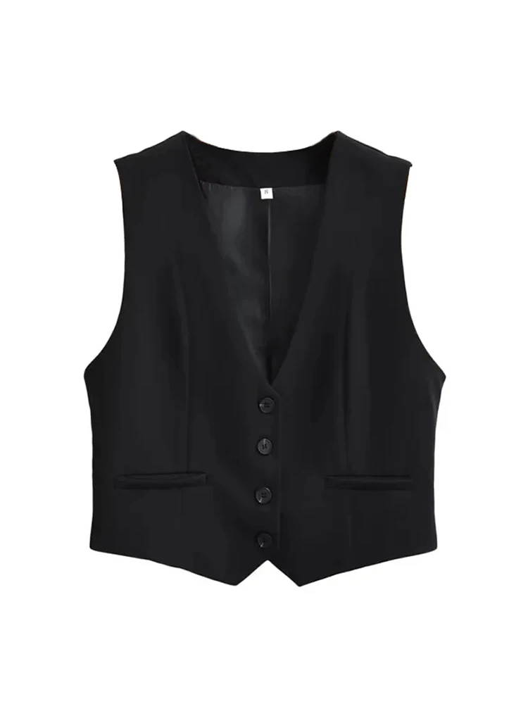 Aoaiiys Black Vest Women Cropped Waistcoat 2024 Fashion Front Buttons Tops Vintage V Neck Sleeveless Outerwear Chic Vests New