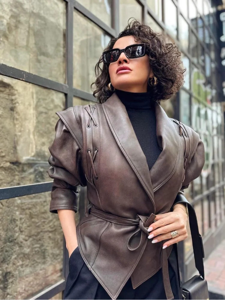 Women Fashion Brown Leather Jackets Elegant Lapel Long Sleeve With Belt Short Coat 2024 Hot Selling Clearance Lady Outerwear