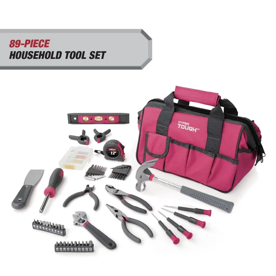 Hyper Tough 89-Piece Household Tool Set with 12-Pocket Zip-Up Tool Bag, Pink