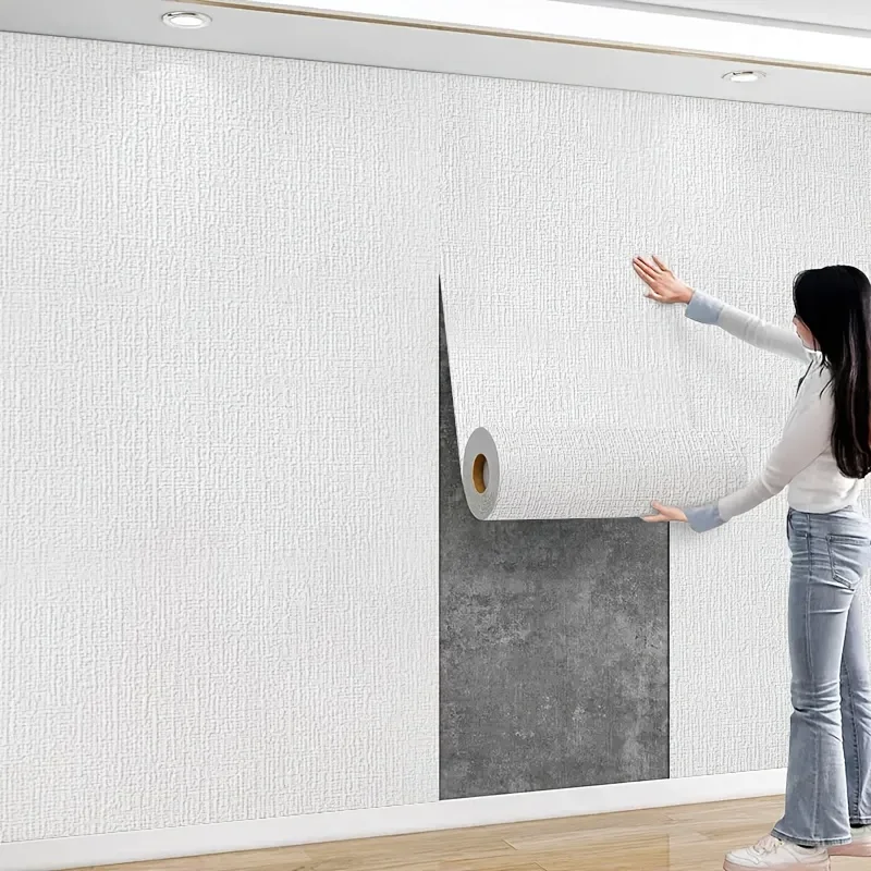 Self-Adhesive Waterproof 3D Linen Wallpaper PVC Solid Color Thickened Wall Sticker for Living Room Bedroom Bathroom Home Decor