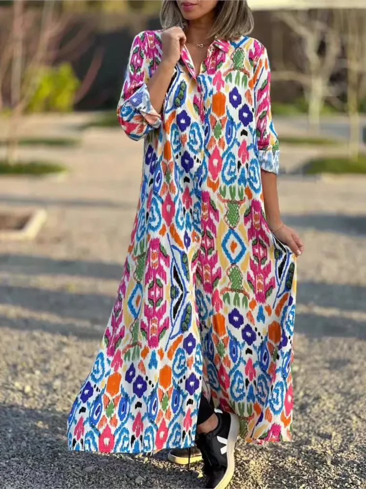 

Vintage Print Shirts Long Dresses Women Spring Autumn Elegant Long Sleeve Single-breasted Loose Maxi Shirt Dress Female Vestidos