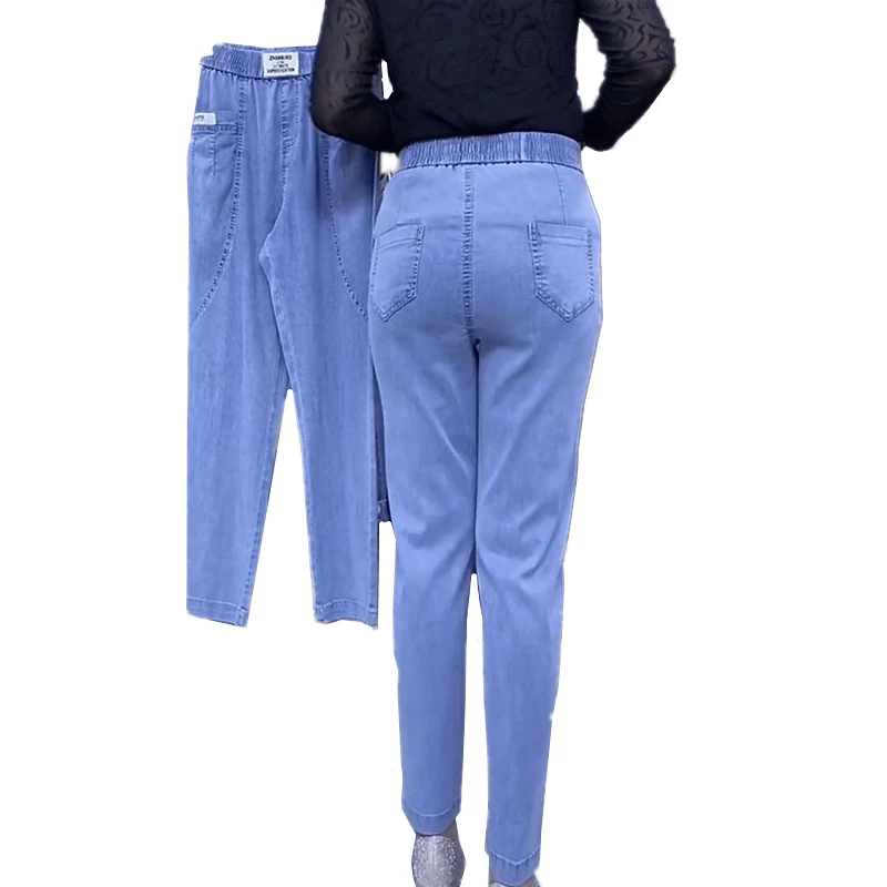 Blue Patchwork Harlan Jeans Women's Elastic Pants Fashion Casual Women Trousers