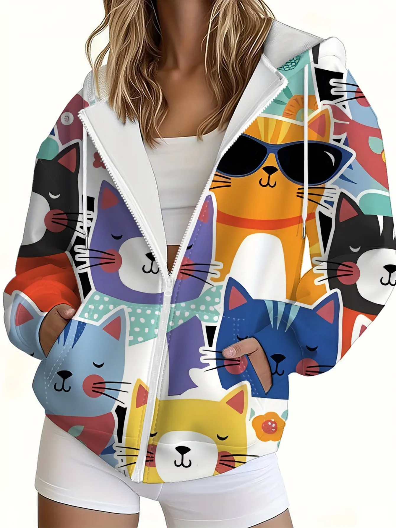 2026 autumn and winter new style women's zipper hooded sweater with 3D anchor pattern print street casual fashion