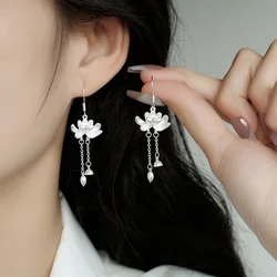 Steel Fun Jewelry 2024 New Fashion Chinese Style White Lotus Long Tassel Dangle National Style Earrings for Women Girl Gifts