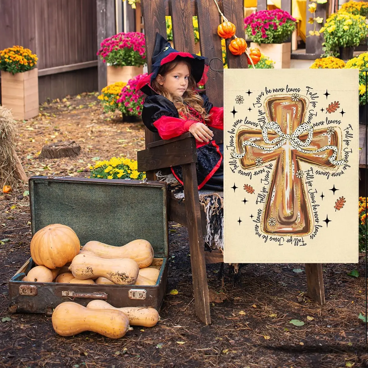 Fall Garden Flag, Christian Garden Flags for Outside 12x18 Inch Double Sided, Fall for Jesus He Never Leaves Flags, Autumn T llz