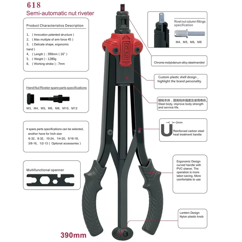 Rivet Nut Tool High Leverage Semi-automatic Rivnut Tool with M3-M12