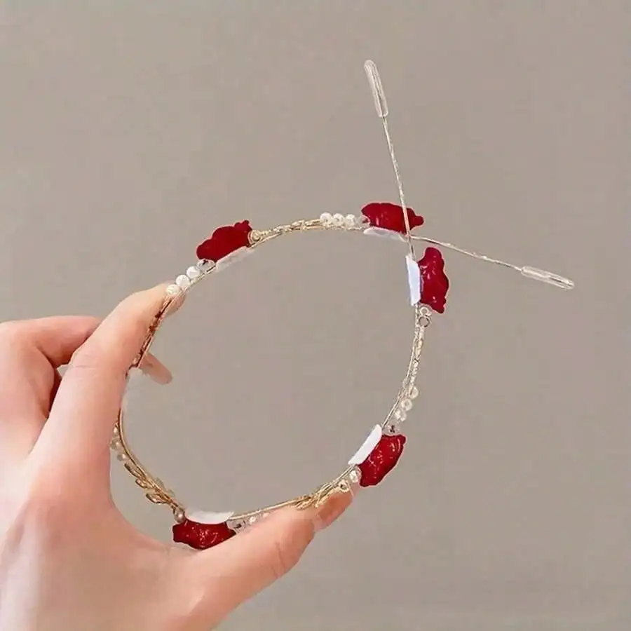 قطعتان/1 قطعة من زهور الورد لعيد الحب وعصابة رأس مزخرفة باللؤلؤ الاصطناعي، غطاء رأس أنيق ذهبي مع ou