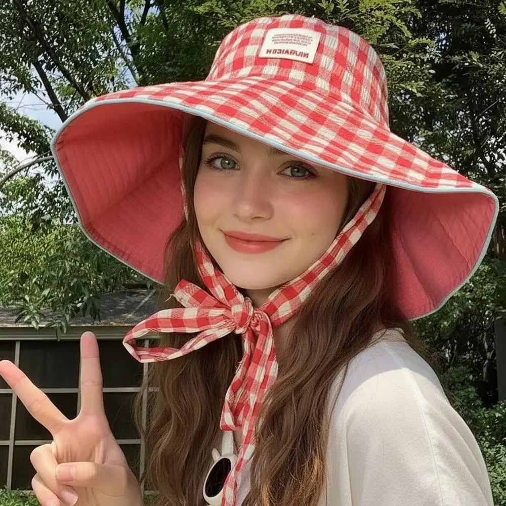 Vintage Plaid Wide Brim Bucket Hat With Lace Up Strap UV Protection Sun Hat Outdoor Travel Beach Vacation Shade Cap