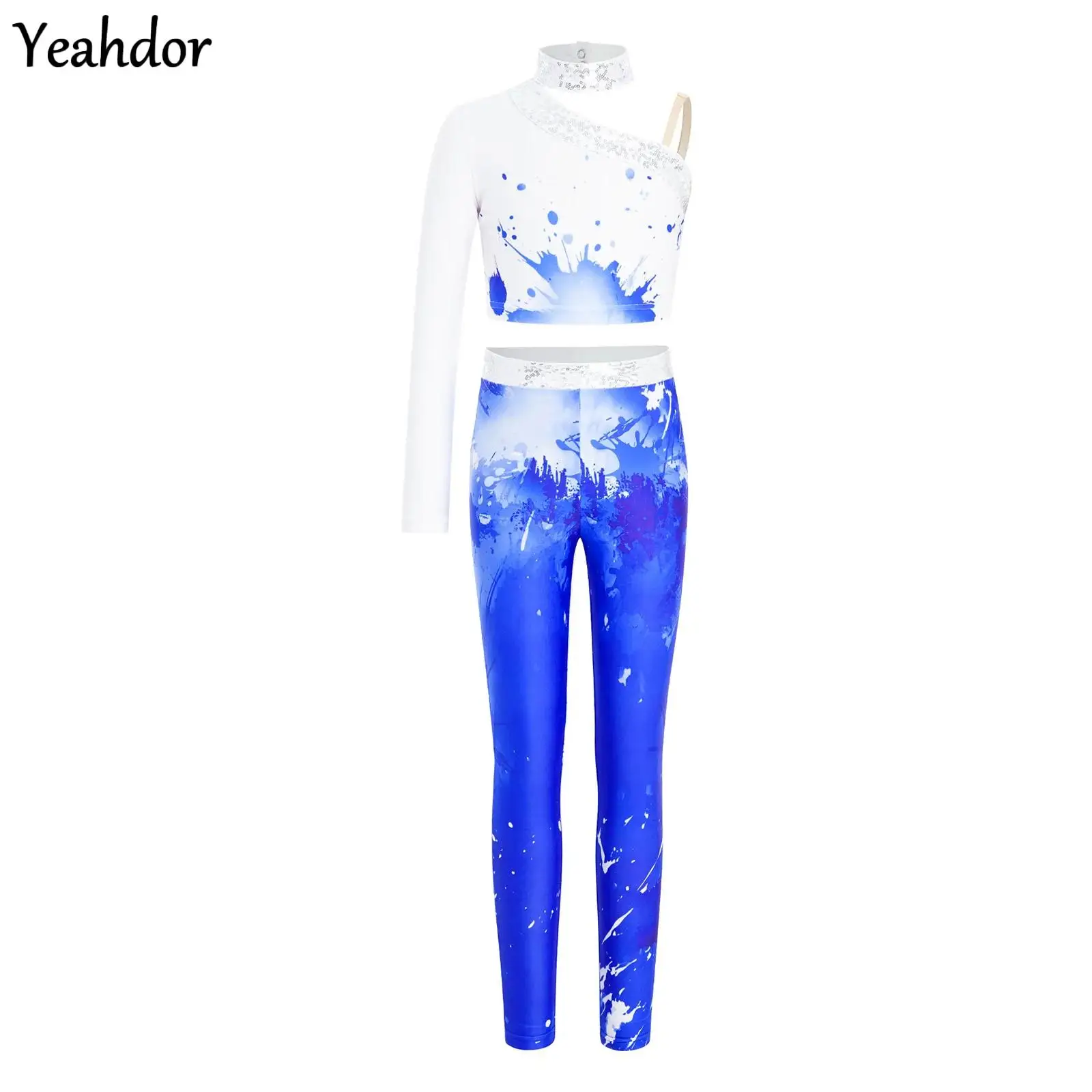 

Kids Girls Stylish Printed Gymnastics Dance Outfit Shiny Sequin One Sleeve Crop Top with Leggings Ballet Figure Skating Costume