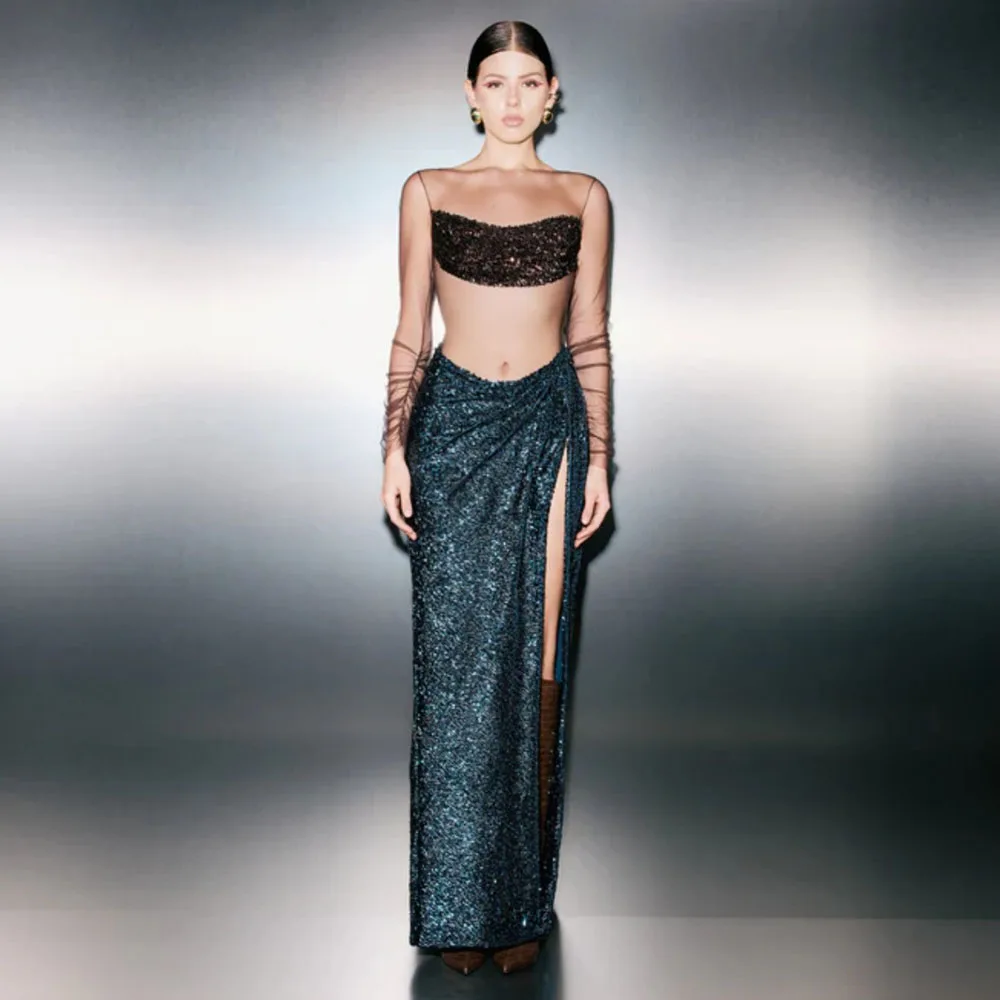 

2026 New Arrival High Waist Sequin Maxi Skirt Women's Party Evening Dress Blue Green Metallic Glitter Wrap Skirt with Side Slit