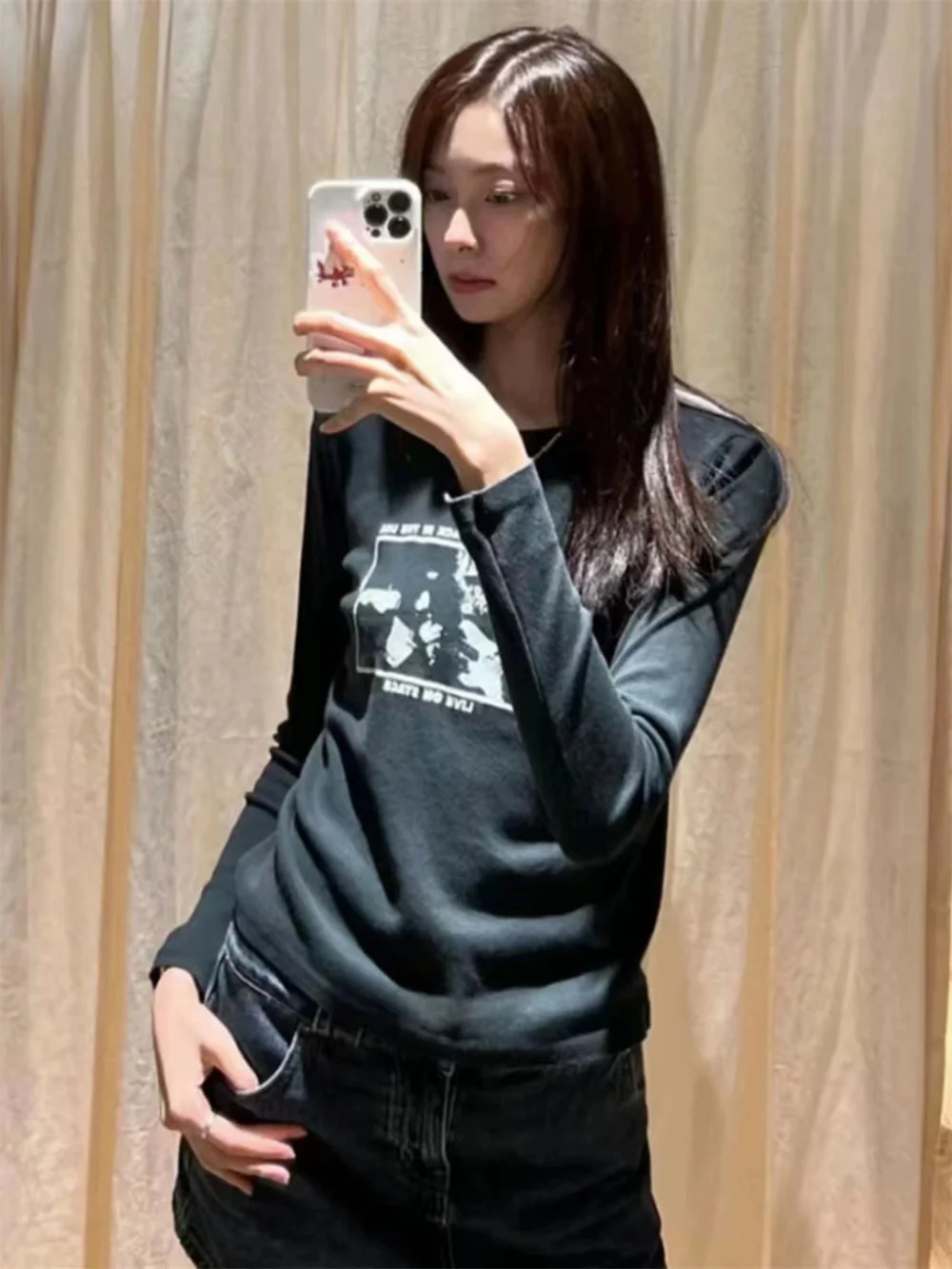 Vintage Women Print T-shirts 2023 Women Fashion Ladies Casual Solid Commuter Black Shirt For Women Long Sleeves Graphics Tees