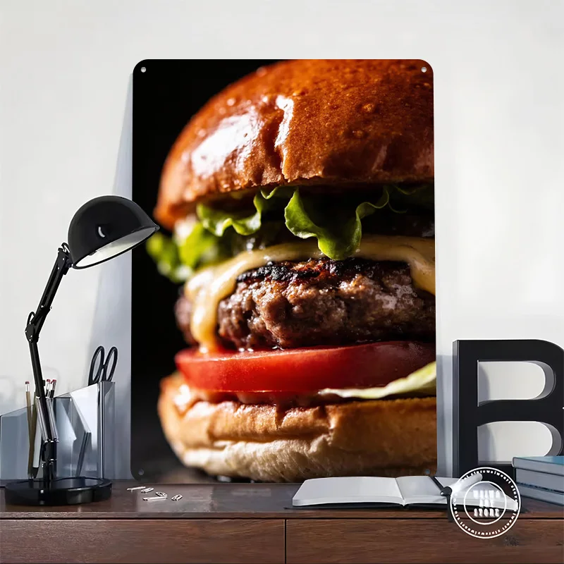 Delicious Burger Close-Up Printing Poster Customized Retro Wall Art Vintage Metal Signs for Room Decoration Bedroom Custom Plate