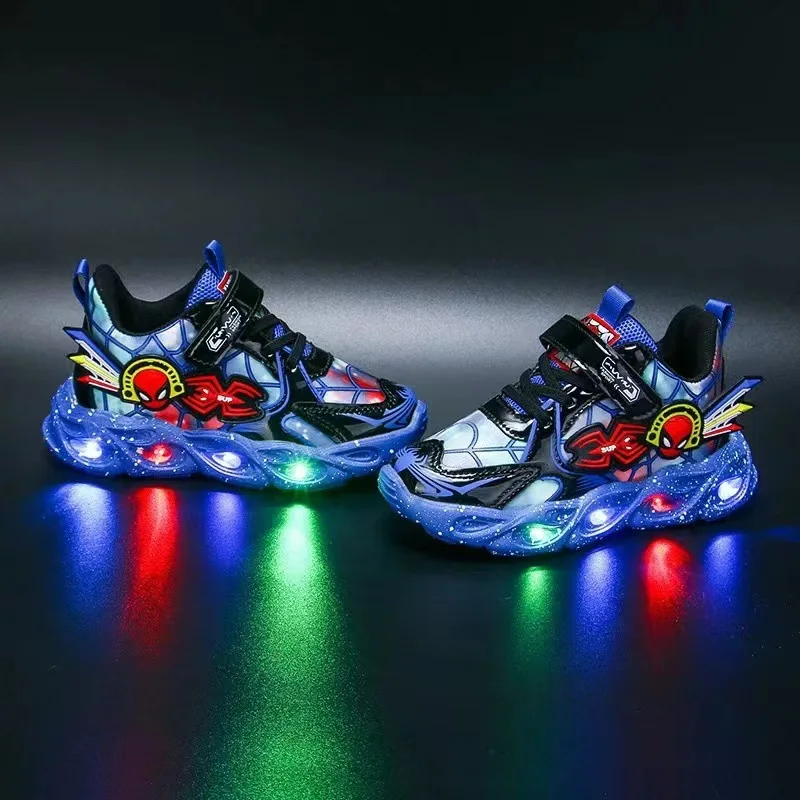 2024 New Children Lighting Sneakers Fashion Populer Design Boys Casual Sports Shoes Spring Kids Cartoon LED Shoes Spider Man