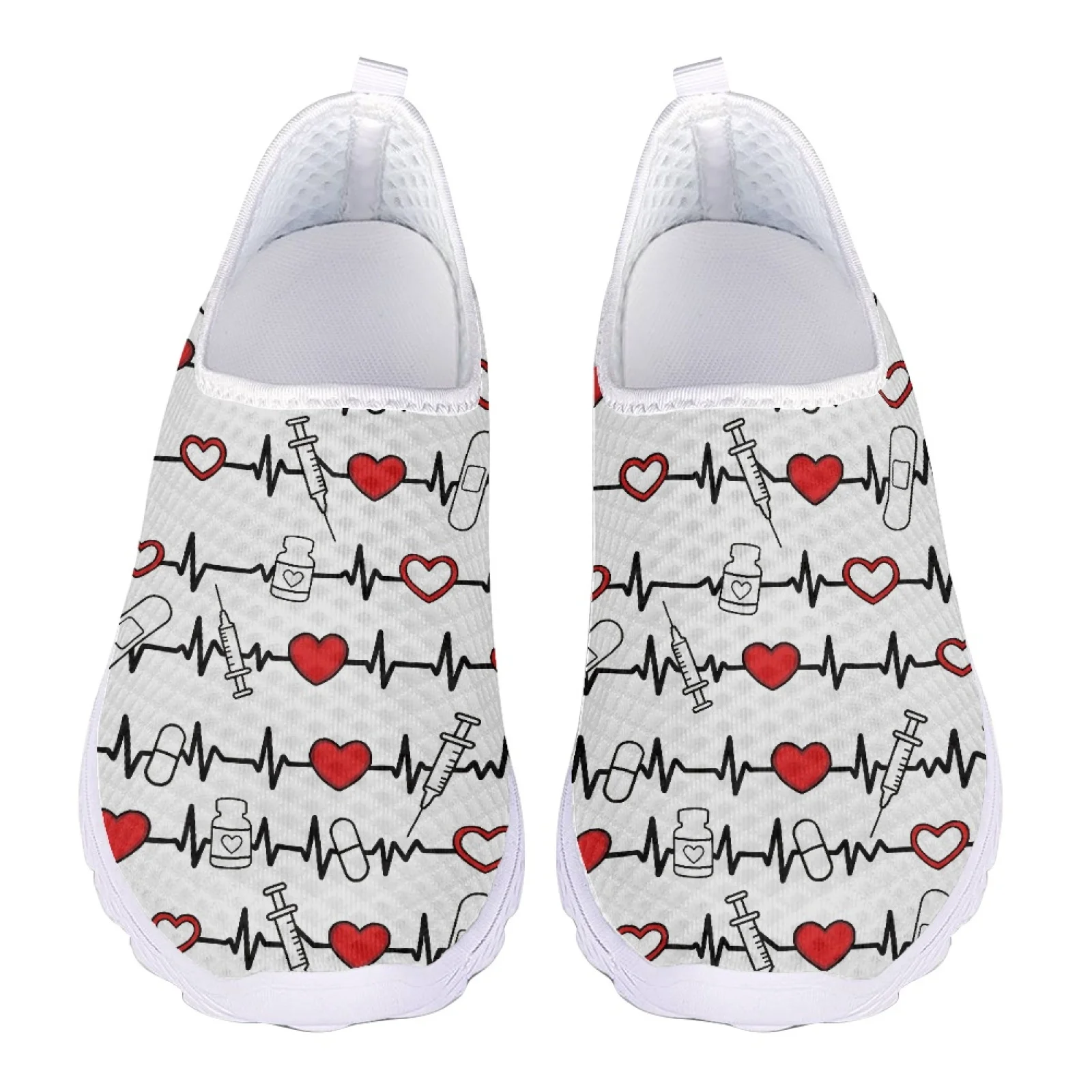 

Fashion Summer Mesh Sneakers for Women Breathable Knit Upper Casual Walking Shoes Cardiogram Print White Sport Gym Running Shoes