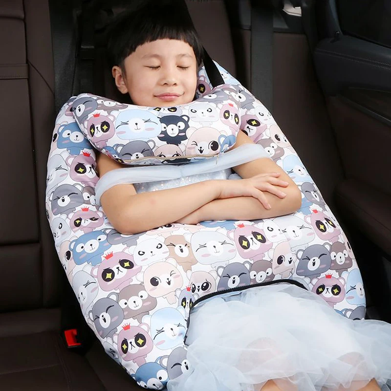 Cojín de viaje con patrón de animales para niños, soporte para la cabeza y el cuello en forma de U, almohada de seguridad para asiento de coche