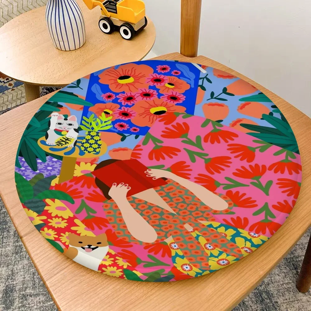 Girl Relaxing Green plants Print Cushion Mat Round Chair Mat Soft Pad Seat Cushion For Dining Patio Home Office Indoor Outdoor