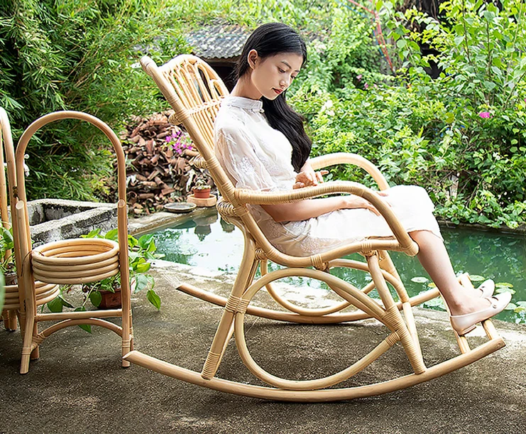 Bamboo Woven, Outdoor Rocking Chair for Adults, Rattan Chair for Leisure, Natural Wood Style, Lazy Recliner Chair