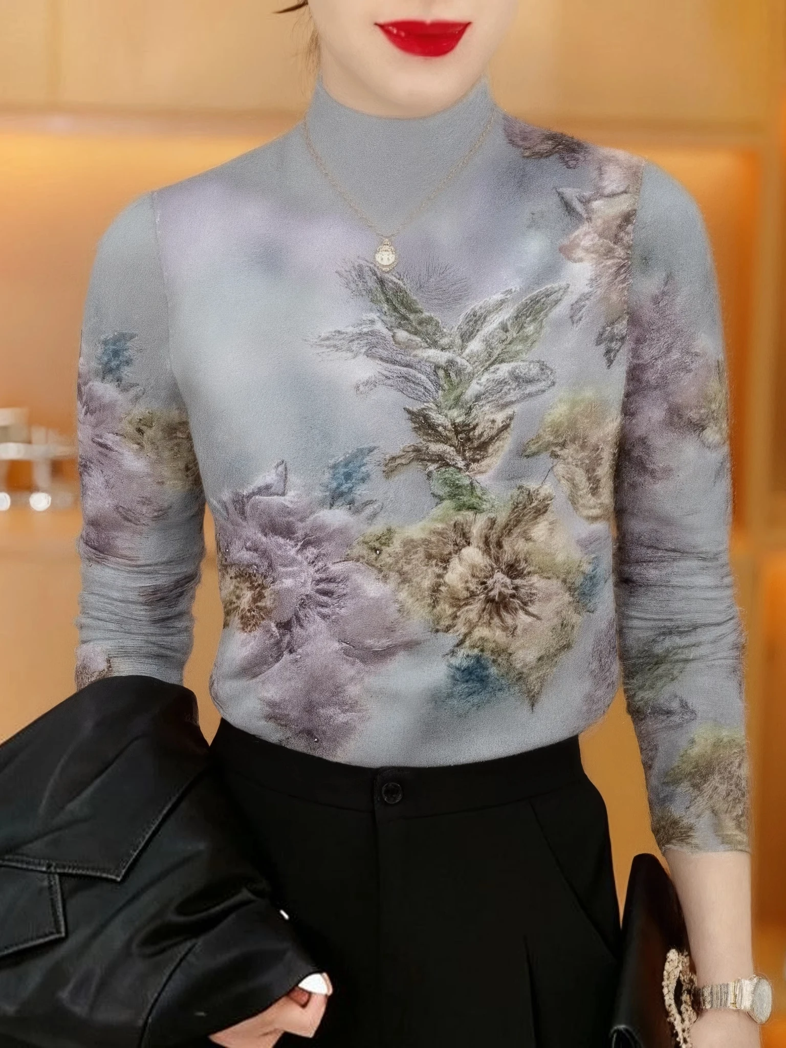 

Thickened Fleece Long Sleeve Plant Pattern Print Base Shirt Women Middle Aged And Elderly High Collar Slimming Anti-Aging Mom...