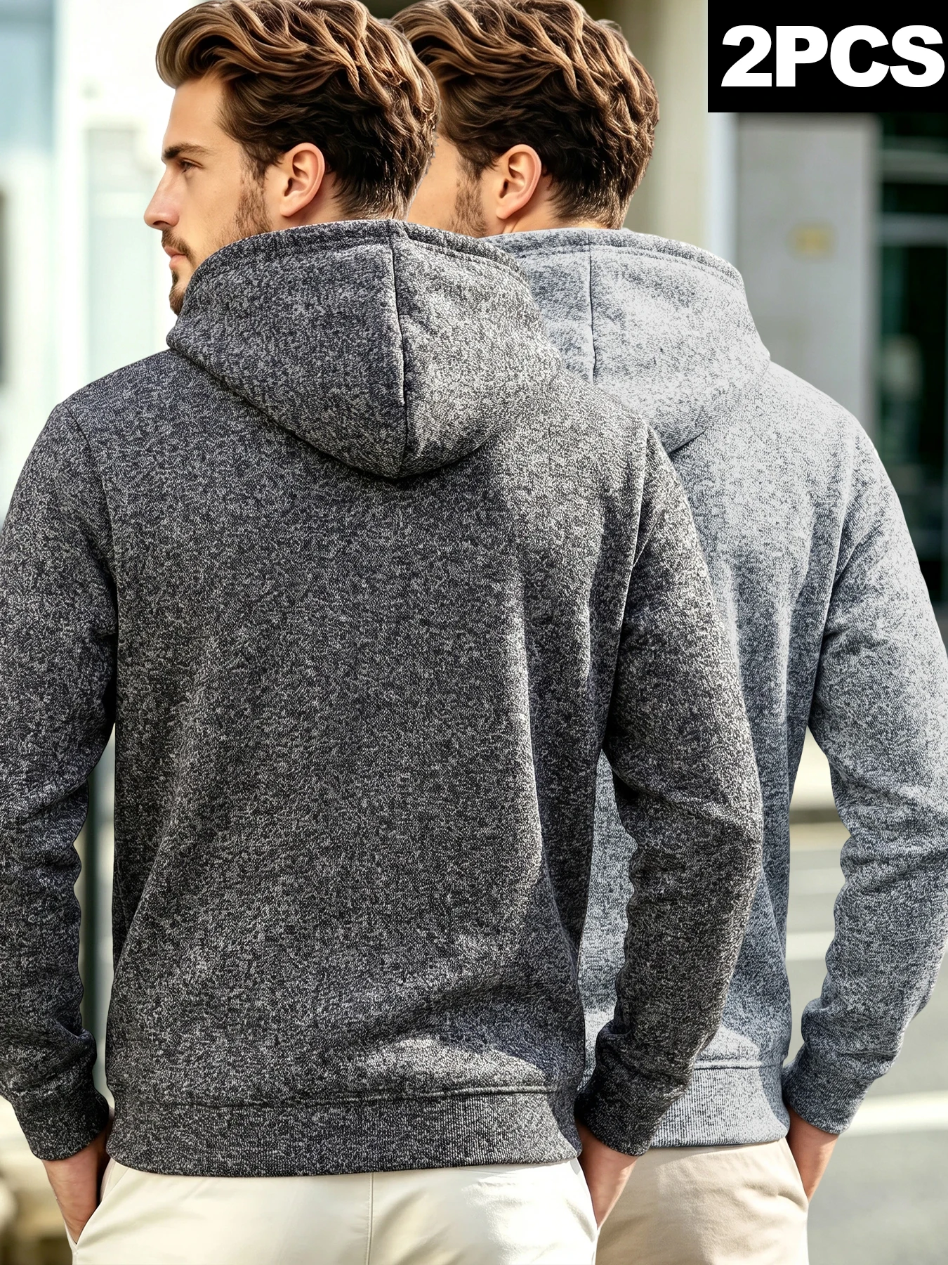 Drawstring Hood Men Heather Full Zip Hoodie Jacket Long Sleeve Side Pockets Ribbed Cuffs Casual Street Outerwear