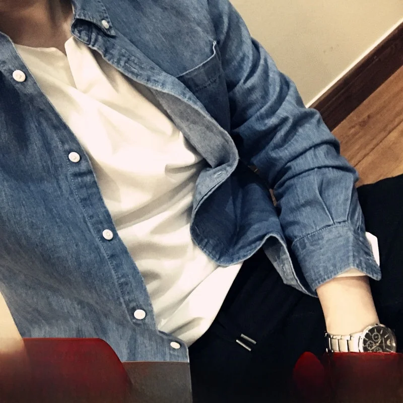 

Cool Cover Boy Chic Casual Men's Denim irt Spring Faion Stand Fit Long Sve Daily Wear Urban Sle T2226