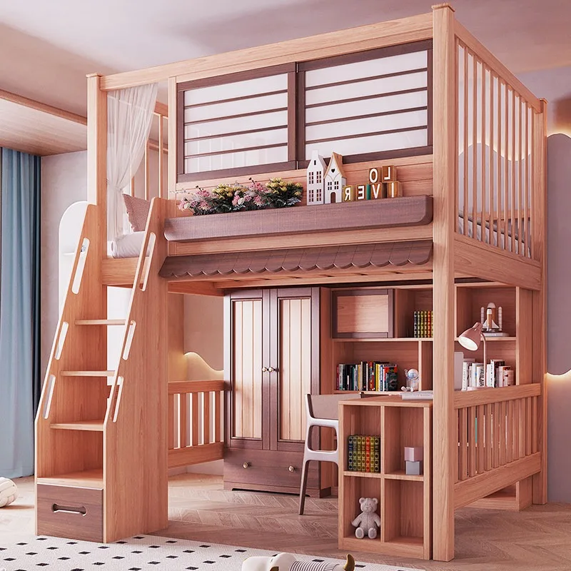 Loft High Bed With Desk Underneath Bookcase Wardrobe Combo For Small Space Kids Adult Bunk Beds Elevated Second Floor Sleeping view 2
