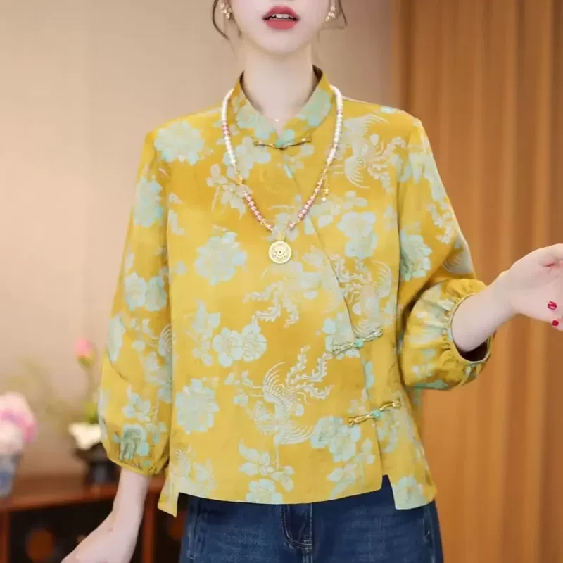 

2026 Summer Women Vintage Chinese Style Irregular Lantern 3/4 Sleeve Yellow Top Shirt , Floral Pattern Shirts for Woman Clothes