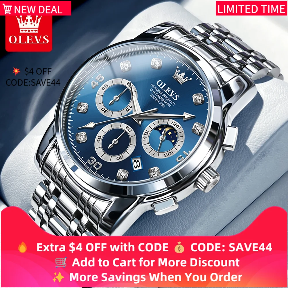 

OLEVS 2889 Quartz Men's Watches Moon phase Waterproof Stainless Steel man watch Classic Business Chronograph Luminous Wristwatch