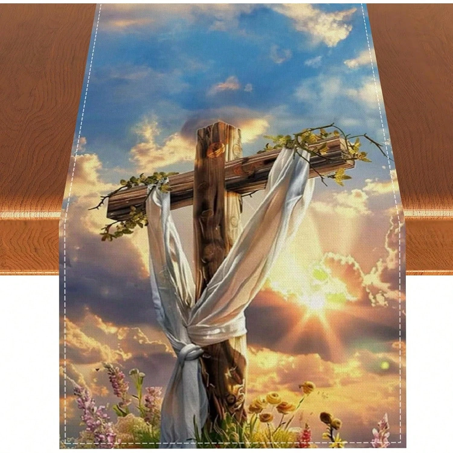1pc Easter Religious Cross Sunrise Table Runner Linen 2D Print Easter Holiday Dining Table Kitchen Living Room Decor Gift