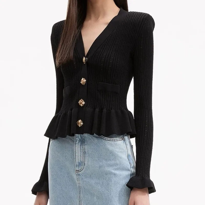 French V-neck Diamond Buckle Ruffle Edge Horn Sleeve Slim-fit Knitted Cardigan Short Jacket
