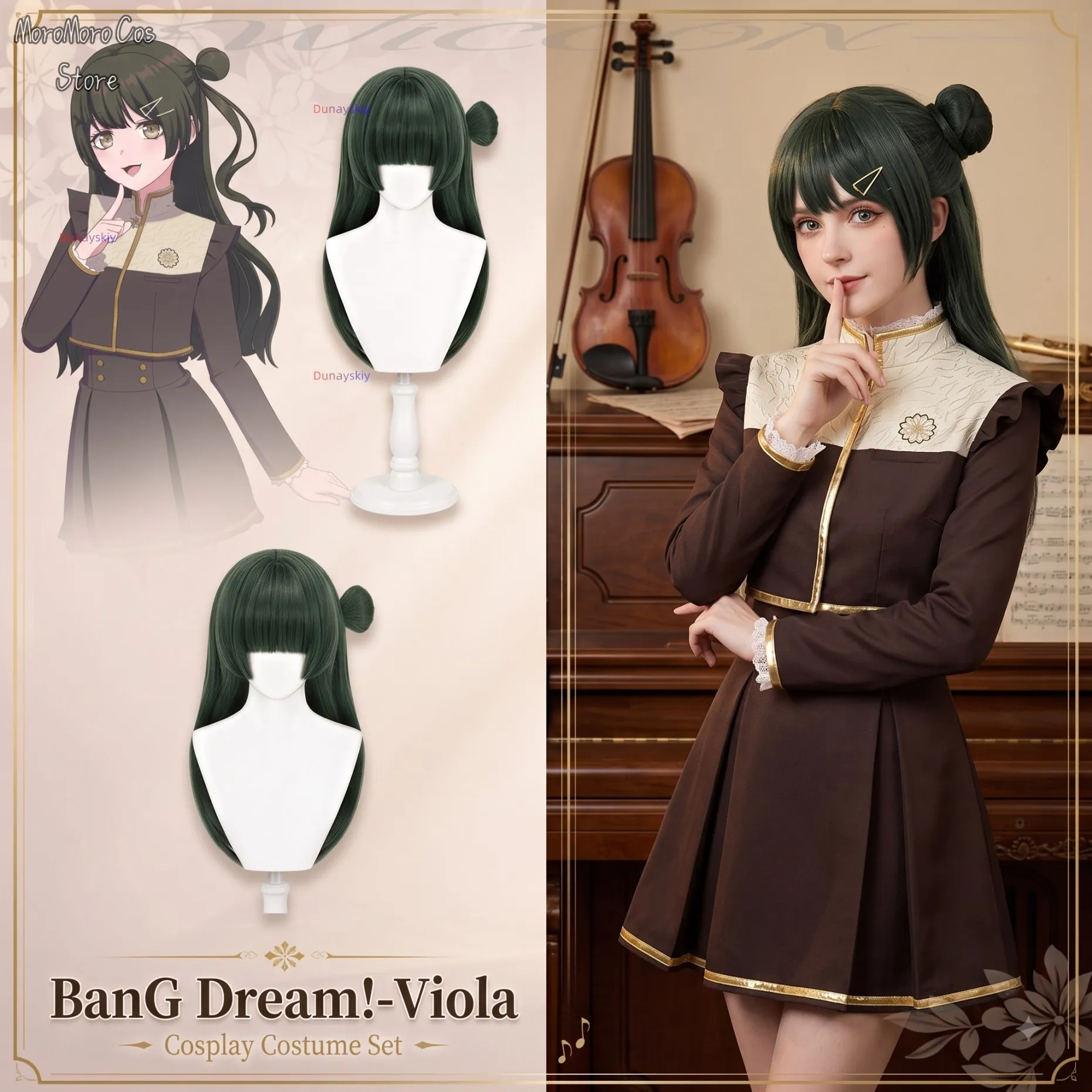 Cosplay de Viola del Anime BanG Dream! Pelucas de Disfraz para Halloween, Navidad, Fiesta, Cosplay, Uniforme Escolar Japonés, Vestido Kawaii Marrón Estilo JK