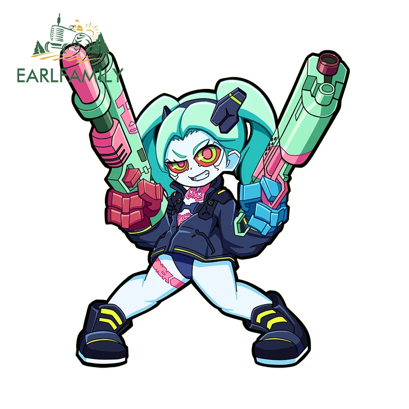 EARLFAMILY Rebecca Two Guns Car Stickers Cartoon Girl Red Eyes Kawaii Trunk Laptop Decal Creative Computer Host Car Accessories