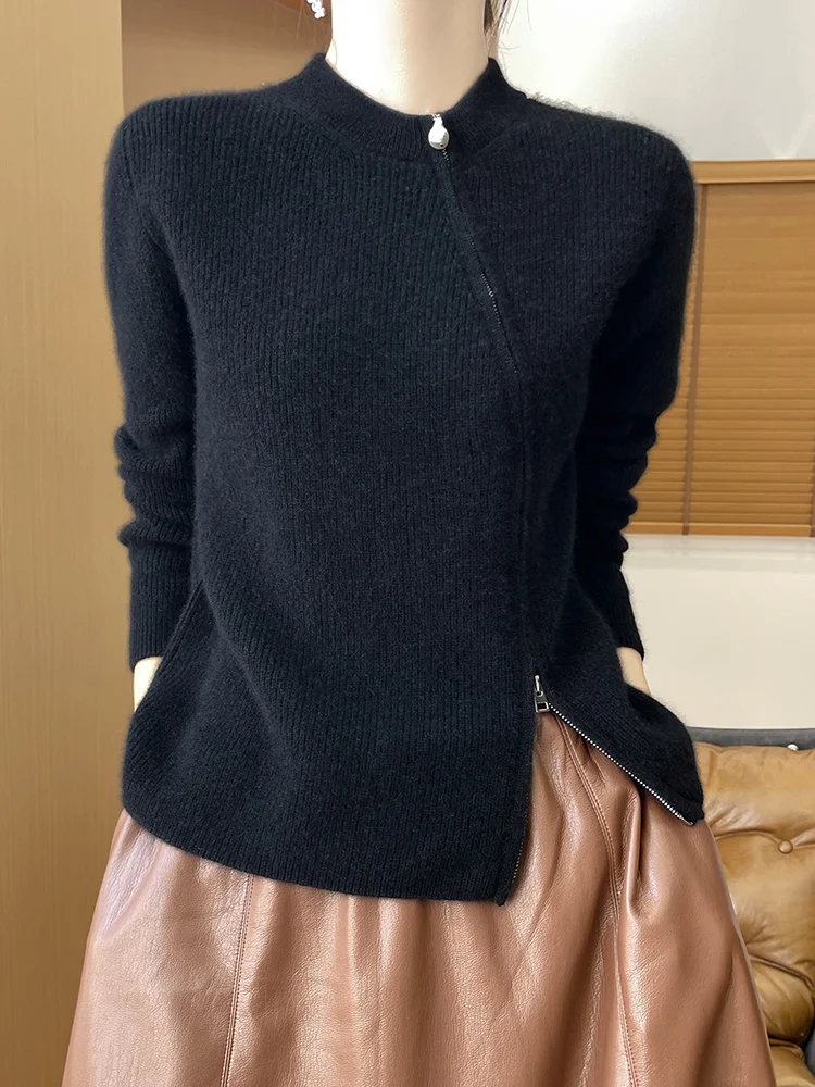 

New Chic Women's Two-way Zipper Cardigan Wool Sweater O-neck Long Sleeve 100% Merino Wool Knitwear Autumn Winter Soft Warm Tops