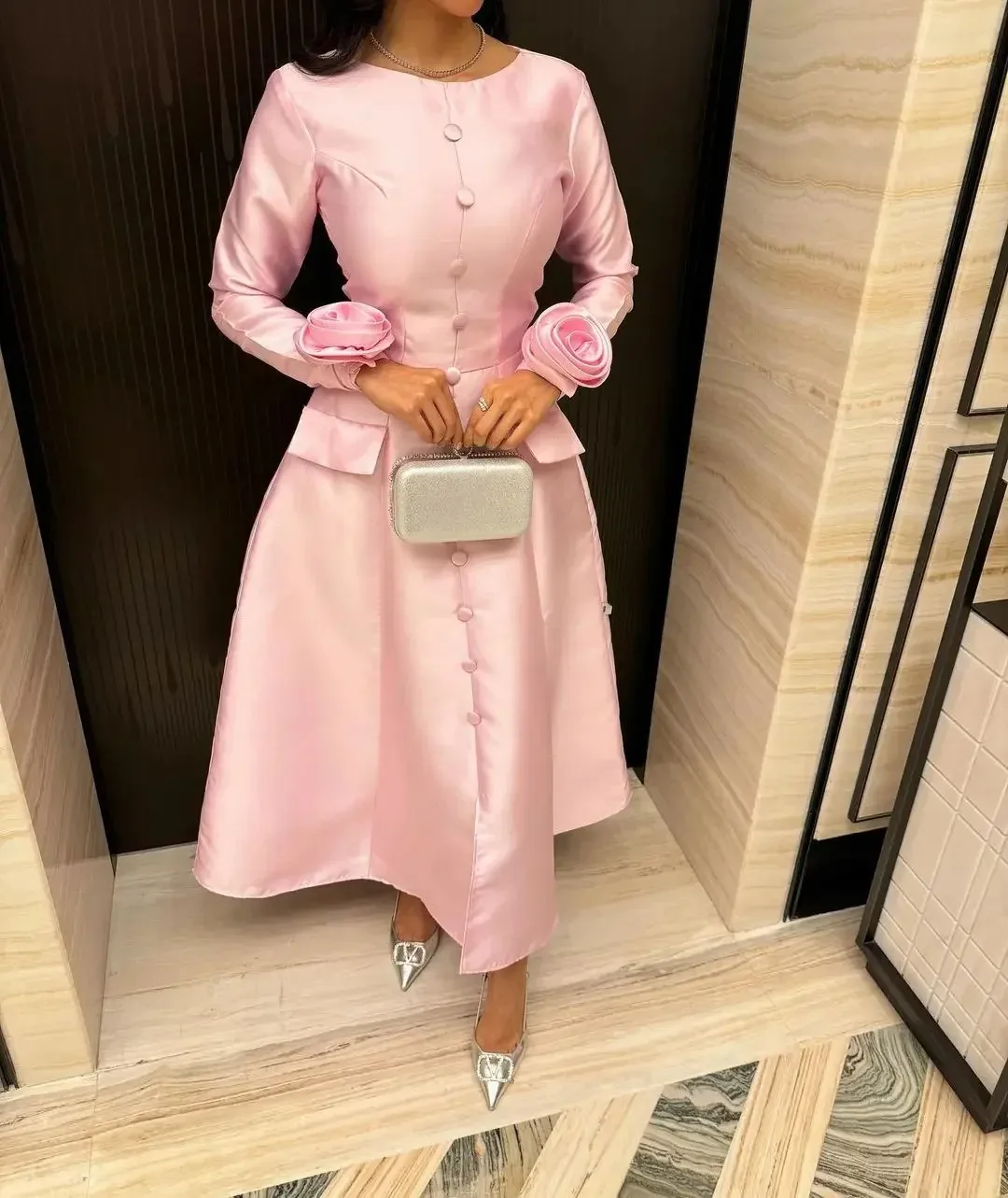 تخصيص المرأة السعودية طويلة الأكمام الوردي فساتين لحضور الحفلات الموسيقية مطوي الكاحل طول المرأة الرسمية فساتين السهرة فستان حفلات الزفاف