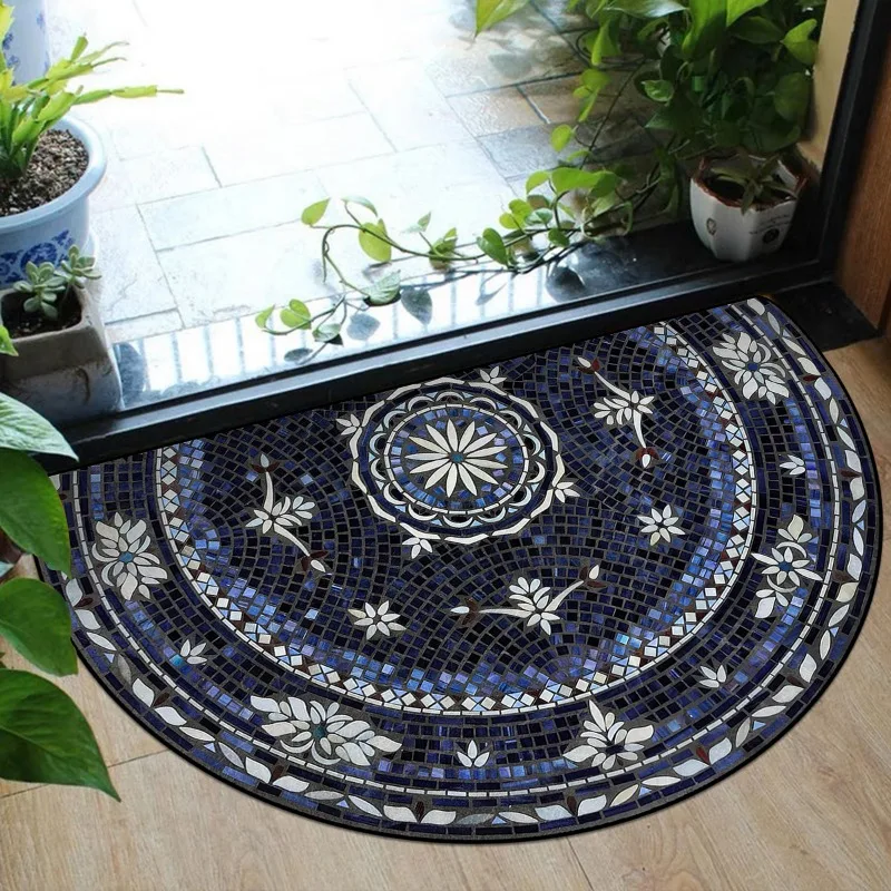 Semi-circle Entrance Doormat Retro Creative Art Floor Mat Floral Ethnic Style Carpet Geometric Home Rug Stain-resistant Foot Mat
