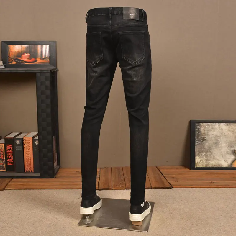 Newly Designer Fashion Men Jeans Black Stretch Skinny Fit Ripped Jeans Men Vintage Casual Elastic Denim Pencil Pants Hombre