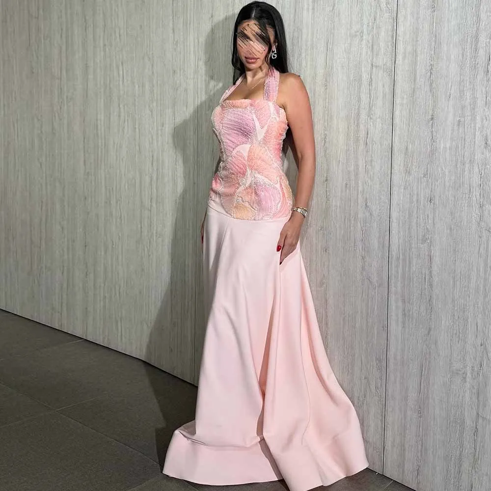 

Dubai Luxury Prom Dresses 2025 Jersey A-line Homecoming Dress Pink Halter Lace Applique Zipper Women's Evening Dresses Long