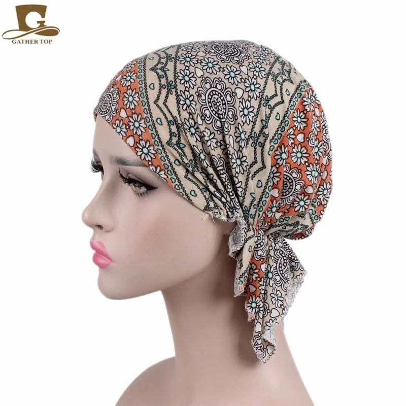 Muslim Pre-Tied Style Cotton Turban Hat Headscarf Ladies Floral Print Bandanas Soft Headwear Hair Loss Cancer Chemo Cap Turbante