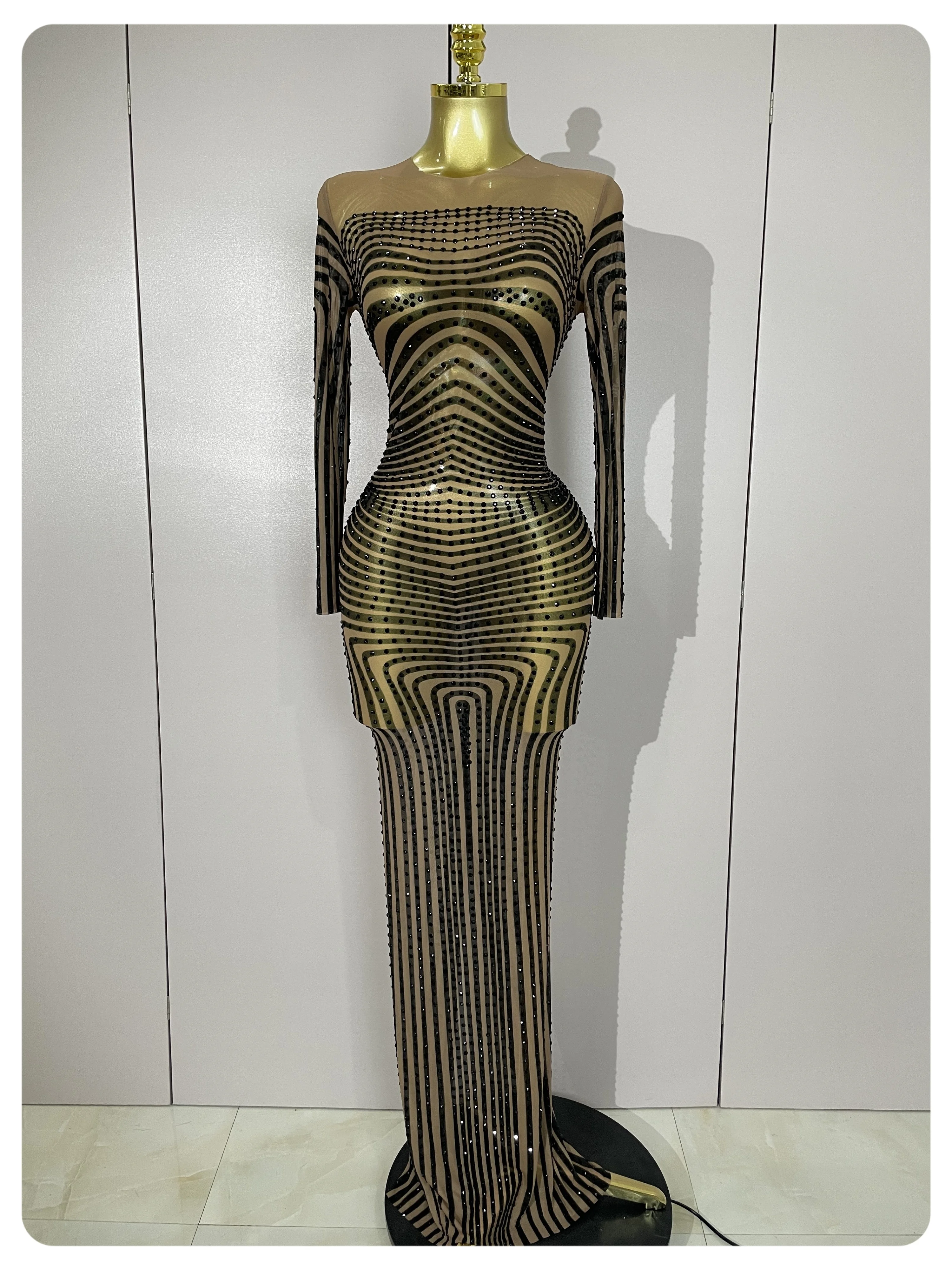 Robe longue transparente en maille noire brillante pour femmes, strass, Sexy, soirée, fête d'anniversaire, Costume de scène, vêtements de séance photo