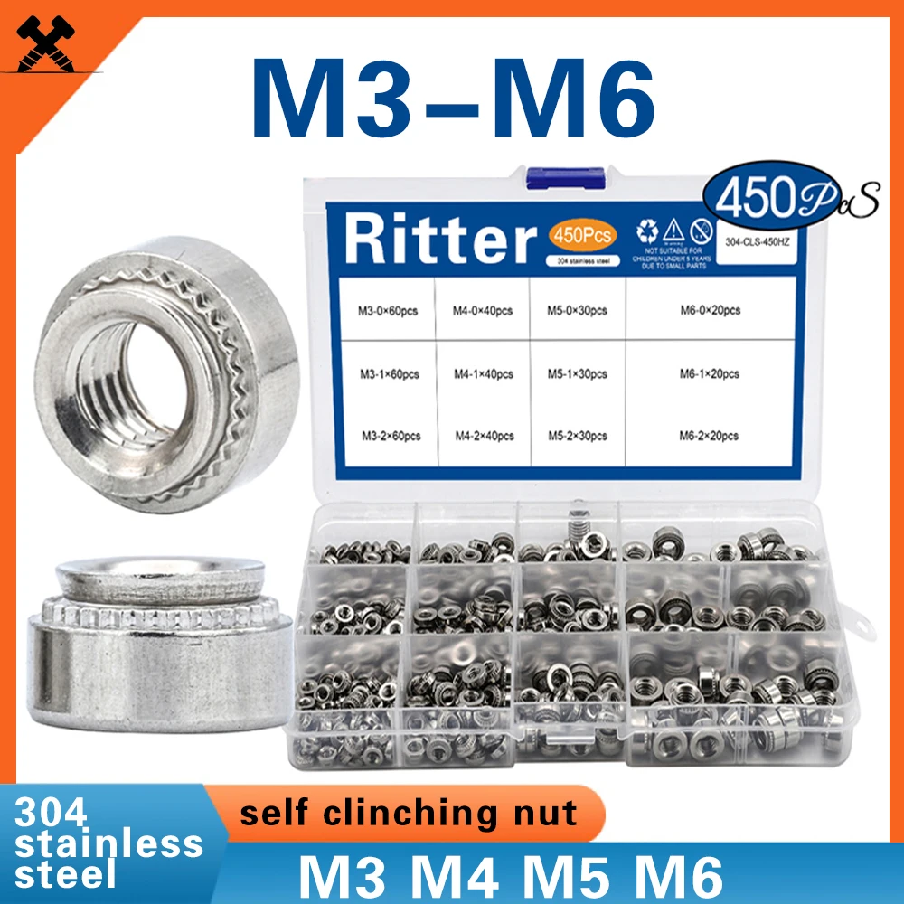 

450pcs PEM rivet nut stainless steel self clinching nut CLS M3 M4 M5 M6 pressure riveting nut assortment kit for sheet