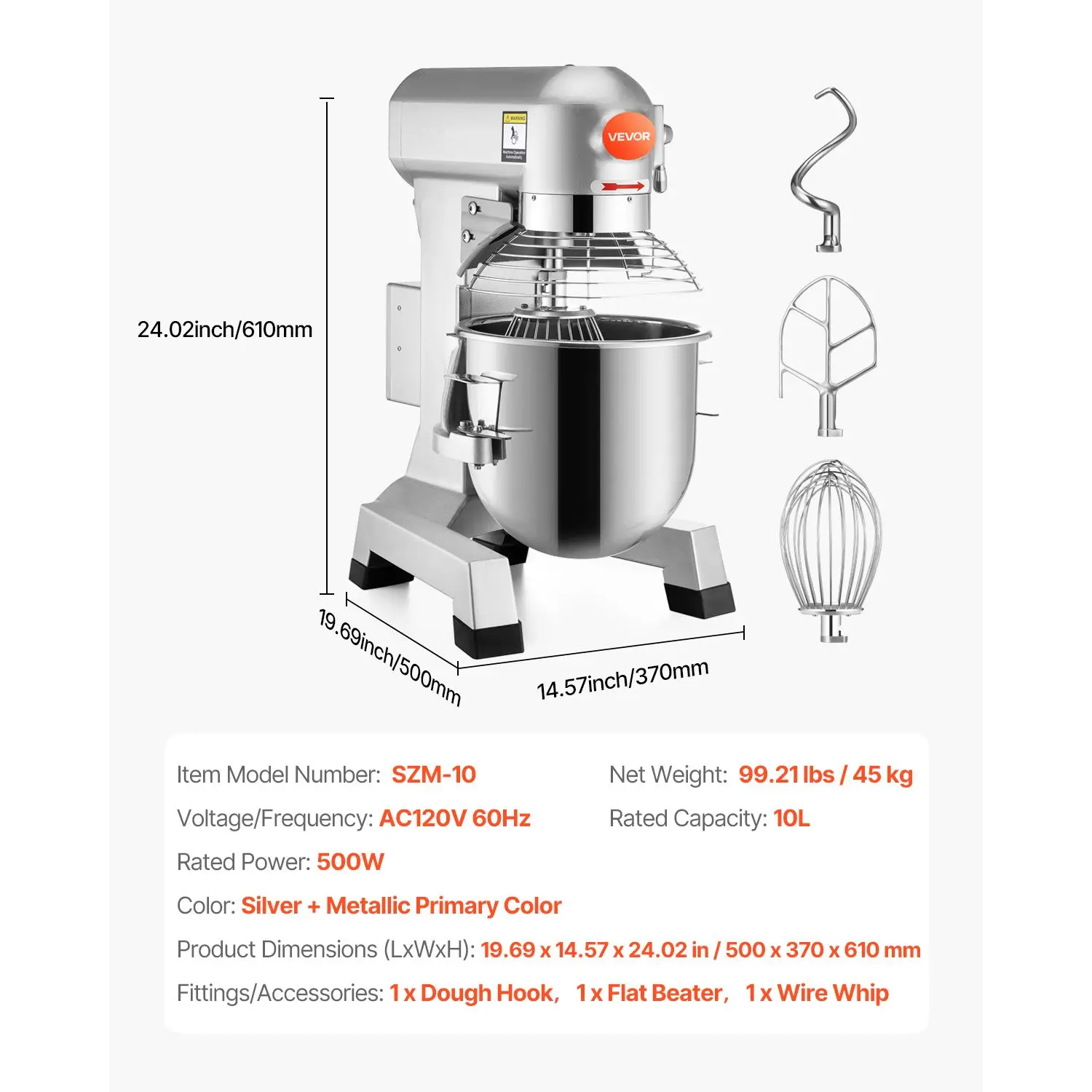 Commercial Food Mixer 10Qt 450W 3 Speeds Adjustable 110/178/390 RPM Heavy Duty 110V with Stainless Steel Bowl Dough Hooks Whisk